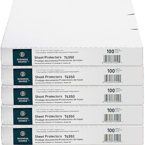 Business Source Top-Loading Poly Sheet Protectors 3.2 mil Thickness - For Letter 8 1/2" x 11" Sheet - 3 x Holes - Ring Binder - Rectangular - Clear - Polypropylene - 100/Box - 5 / Carton (BSN74550CT)