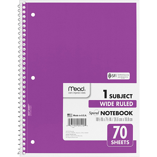Mead Wide Ruled 1-Subject Notebooks 70 Sheets - Spiral - Wide Ruled Front Ruling - 8" x 10 1/2" Sheet Size - White Paper - Assorted Cover - Hole-punched, Micro Perforated - 6 / Bundle (05510BD)
