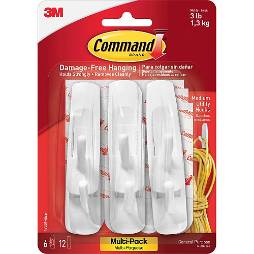 Command Medium Utility Hooks with Adhesive Strips 3 lb (1.36 kg) Capacity - for Paint, Wood, Tile - White - 6/Pack - 2 / Bag (170016ESBG)