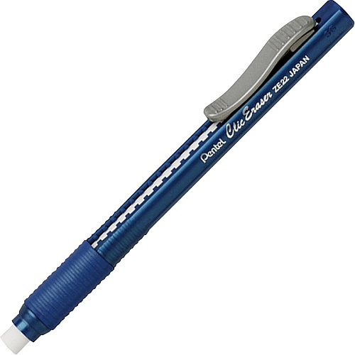 Pentel Rubber Grip Clic Eraser Blue Barrel - Pen - Refillable - 12 / Box - Retractable, Latex-free Grip, Pocket Clip, Ghost Resistant, Non-abrasive (ZE22CBX)