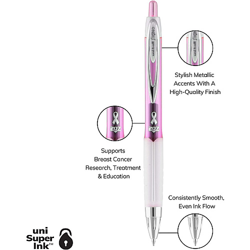 uni-ball uniball&trade; 207 Pink Ribbon Gel Pens 0.7 mm Pen Point - Refillable - Retractable - Black Ink - Gel-based - Pink, Black Barrel - 12 / Box (1745267BX)