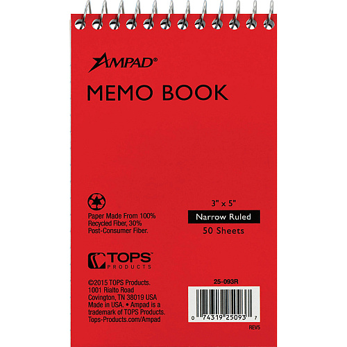 Ampad Topbound Memo Notebooks 50 Sheets - Wire Bound - 3" x 5" Sheet Size - White Paper - Assorted Pressboard Cover - Rigid, Mediumweight - Recycled - 5 / Bundle (25093BD)