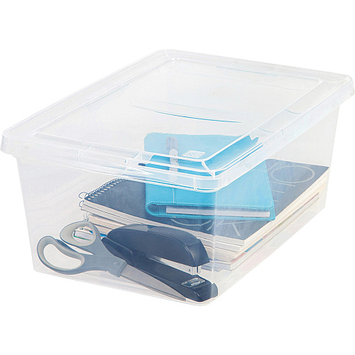 IRIS 17-quart Storage Box External Dimensions: 17.5" Length x 12" Width x 17.5" Depth x 7" Height - 4.25 gal - Snap-in Lid Closure - Stackable - Plastic - Clear - For Scissors, Notebook, Office Supplies, Sweater, Purse, Towel, Stapler - 1 Each (200410)