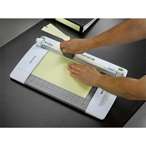 Westcott CarboTitanium Rotary Trimmer CarboTitanium Blade - 12" Cutting Length - 3" Height x 12.1" Width x 19.3" Length - Multi-position Push Button - White, Green - 1 Each (16718)