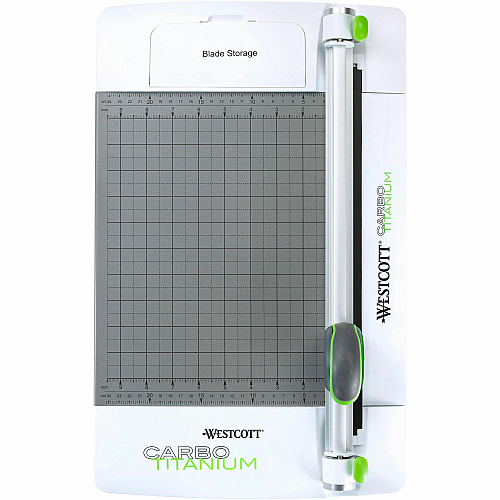 Westcott CarboTitanium Rotary Trimmer CarboTitanium Blade - 12" Cutting Length - 3" Height x 12.1" Width x 19.3" Length - Multi-position Push Button - White, Green - 1 Each (16718)