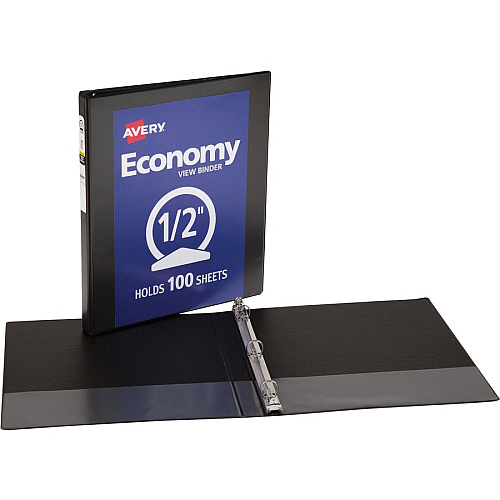Avery&reg; Economy View Binder 1/2" Binder Capacity - Letter - 8 1/2" x 11" Sheet Size - 100 Sheet Capacity - 3 Ring(s) - Fastener(s): Round Ring - Pocket(s): 2, Internal - Vinyl, Chipboard - Black - 1 lb - Gap-free Ring, Exposed Rivet, Non Lock (05705BD)