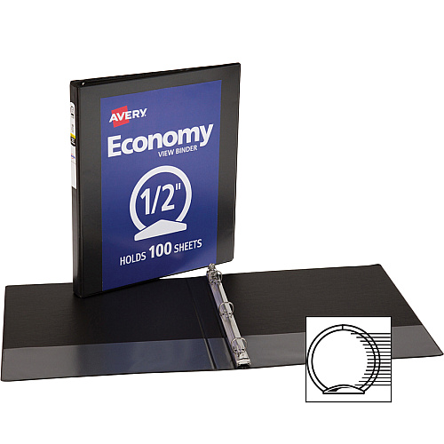 Avery&reg; Economy View Binder 1/2" Binder Capacity - Letter - 8 1/2" x 11" Sheet Size - 100 Sheet Capacity - 3 Ring(s) - Fastener(s): Round Ring - Pocket(s): 2, Internal - Vinyl, Chipboard - Black - 1 lb - Gap-free Ring, Exposed Rivet, Non Lock (05705BD)