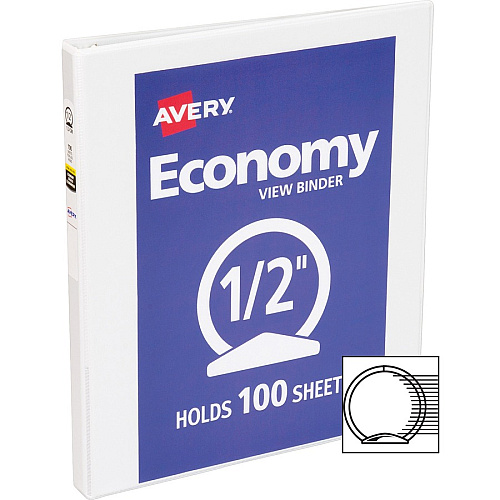 Avery&reg; Economy View Binder 1/2" Binder Capacity - Letter - 8 1/2" x 11" Sheet Size - 100 Sheet Capacity - 3 Ring(s) - Fastener(s): Round Ring - Pocket(s): 2, Internal - Vinyl, Chipboard - White - 13.12 lb - Gap-free Ring, Exposed Rivet, Non  (05706BD)
