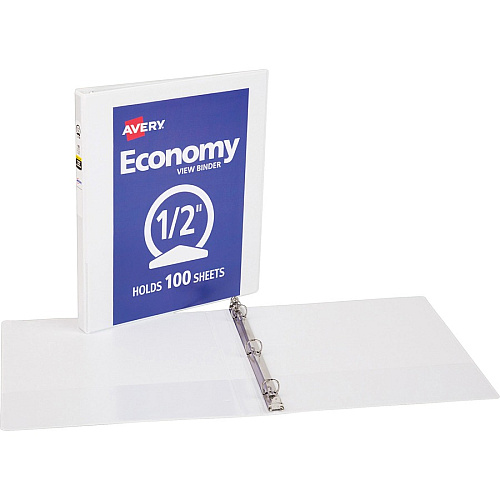 Avery&reg; Economy View Binder 1/2" Binder Capacity - Letter - 8 1/2" x 11" Sheet Size - 100 Sheet Capacity - 3 Ring(s) - Fastener(s): Round Ring - Pocket(s): 2, Internal - Vinyl, Chipboard - White - 13.12 lb - Gap-free Ring, Exposed Rivet, Non  (05706BD)