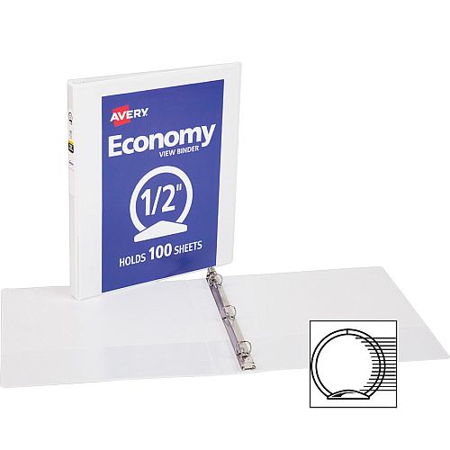 Avery&reg; Economy View Binder 1/2" Binder Capacity - Letter - 8 1/2" x 11" Sheet Size - 100 Sheet Capacity - 3 Ring(s) - Fastener(s): Round Ring - Pocket(s): 2, Internal - Vinyl, Chipboard - White - 13.12 lb - Gap-free Ring, Exposed Rivet, Non  (05706BD)
