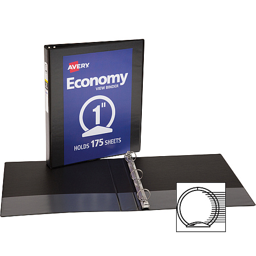 Avery&reg; Economy View Binder 1" Binder Capacity - Letter - 8 1/2" x 11" Sheet Size - 175 Sheet Capacity - 3 Ring(s) - Fastener(s): Round Ring - Pocket(s): 2, Internal - Vinyl, Chipboard - Black - 15.84 oz - Gap-free Ring, Exposed Rivet, Non Lo (05710BD)