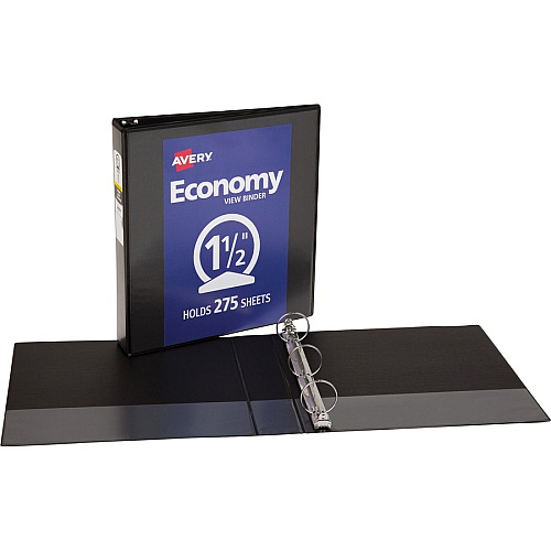 Avery&reg; Economy View Binder 1 1/2" Binder Capacity - Letter - 8 1/2" x 11" Sheet Size - 275 Sheet Capacity - 3 Ring(s) - Fastener(s): Round Ring - Pocket(s): 2, Internal - Vinyl, Chipboard - Black - Gap-free Ring, Exposed Rivet, Non Locking M (05725BD)