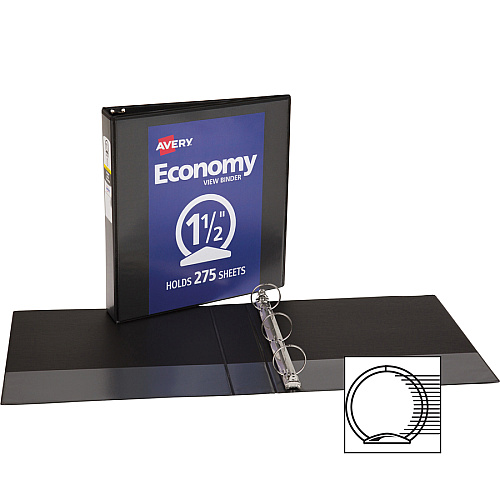 Avery&reg; Economy View Binder 1 1/2" Binder Capacity - Letter - 8 1/2" x 11" Sheet Size - 275 Sheet Capacity - 3 Ring(s) - Fastener(s): Round Ring - Pocket(s): 2, Internal - Vinyl, Chipboard - Black - Gap-free Ring, Exposed Rivet, Non Locking M (05725BD)