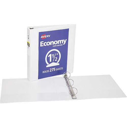 Avery&reg; Economy View Binder 1 1/2" Binder Capacity - Letter - 8 1/2" x 11" Sheet Size - 275 Sheet Capacity - 3 Ring(s) - Fastener(s): Round Ring - Pocket(s): 2, Internal - Vinyl, Chipboard - White - Gap-free Ring, Exposed Rivet, Non Locking M (05726BD)