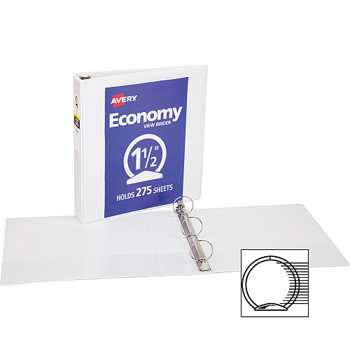 Avery&reg; Economy View Binder 1 1/2" Binder Capacity - Letter - 8 1/2" x 11" Sheet Size - 275 Sheet Capacity - 3 Ring(s) - Fastener(s): Round Ring - Pocket(s): 2, Internal - Vinyl, Chipboard - White - Gap-free Ring, Exposed Rivet, Non Locking M (05726BD)