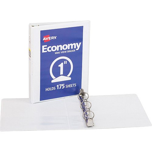 Avery&reg; Economy View Binder 1" Binder Capacity - Statement - 5 1/2" x 8 1/2" Sheet Size - 175 Sheet Capacity - 3 Ring(s) - Fastener(s): Round Ring - Pocket(s): 2, Internal - Vinyl, Chipboard - White - Sturdy, Exposed Rivet, Non Locking Mechan (05806BD)