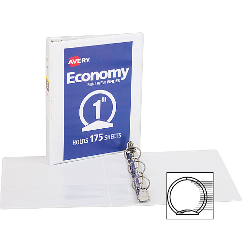 Avery&reg; Economy View Binder 1" Binder Capacity - Statement - 5 1/2" x 8 1/2" Sheet Size - 175 Sheet Capacity - 3 Ring(s) - Fastener(s): Round Ring - Pocket(s): 2, Internal - Vinyl, Chipboard - White - Sturdy, Exposed Rivet, Non Locking Mechan (05806BD)