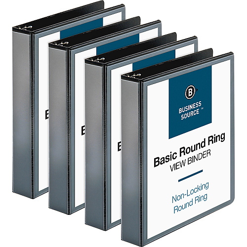 Business Source Round Ring View Binder 1 1/2" Binder Capacity - Letter - 8 1/2" x 11" Sheet Size - 350 Sheet Capacity - Fastener(s): Round Ring - Pocket(s): 2, Internal - Chipboard, Polypropylene - Black - Wrinkle-free, Gap-free Ring, Clear O (BSN09954BD)
