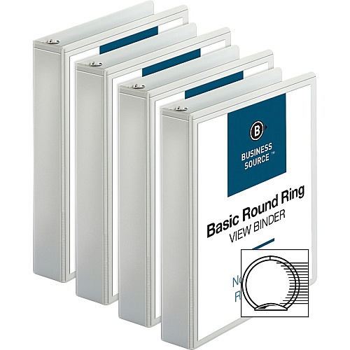 Business Source Round Ring View Binder 1 1/2" Binder Capacity - Letter - 8 1/2" x 11" Sheet Size - 350 Sheet Capacity - Fastener(s): Round Ring - Pocket(s): 2, Internal - Chipboard, Polypropylene - White - Wrinkle-free, Gap-free Ring, Clear O (BSN09955BD)
