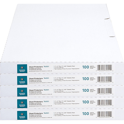 Business Source Poly Sheet Protectors 11" Height x 9" Width - For Letter 8 1/2" x 11" Sheet - 3 x Holes - Ring Binder - Top Loading - Rectangular - Clear - Polypropylene - 100/Box - 5 / Carton (BSN74551CT)