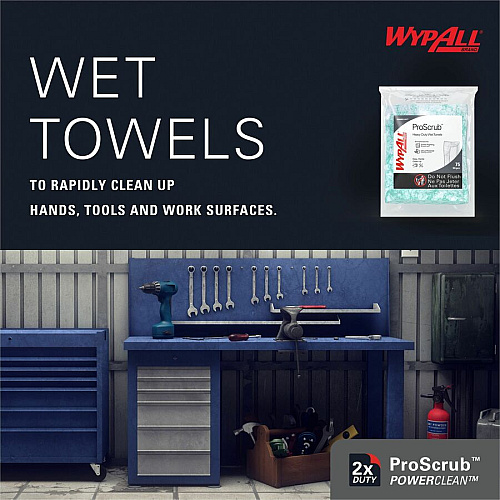 Wypall PowerClean ProScrub Heavy Duty Wet Towels Orange Citrus Scent - 12" Length x 9.50" Width - 75 / Bag - 450 / Carton - Alcohol-free, Pre-moistened, Soft - Green (91367)