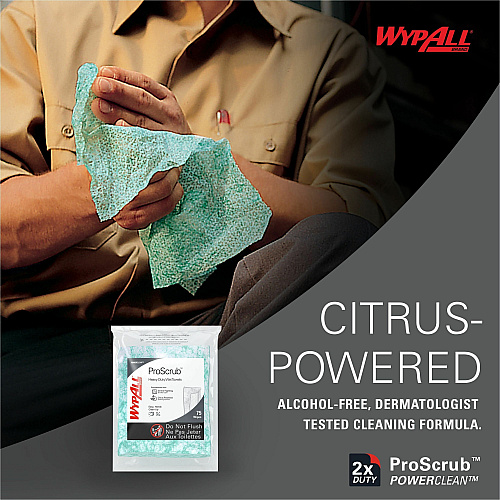 Wypall PowerClean ProScrub Heavy Duty Wet Towels Orange Citrus Scent - 12" Length x 9.50" Width - 75 / Bag - 450 / Carton - Alcohol-free, Pre-moistened, Soft - Green (91367)