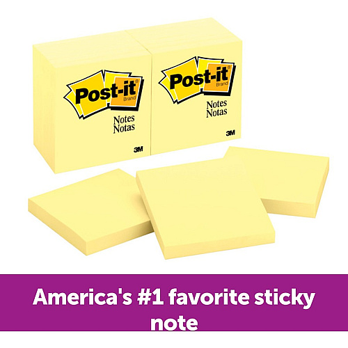 Post-it&reg; Notes Original Notepads 3" Flag/Note Width x 3" Flag/Note Length - Square - 100 Sheets per Pad - Unruled - Canary Yellow - Paper - Self-adhesive, Repositionable - 12/Pack - 2 / Bundle (654YWBD)