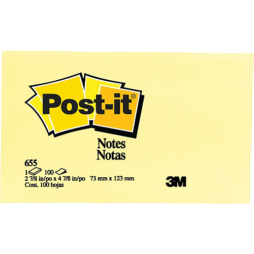 Post-it&reg; Notes Original Notepads 3" Flag/Note Width x 5" Flag/Note Length - Rectangle - 100 Sheets per Pad - Unruled - Canary Yellow - Paper - Self-adhesive, Repositionable - 12/Pack - 2 / Bundle (655YWBD)