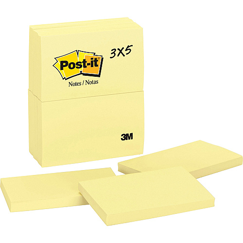 Post-it&reg; Notes Original Notepads 3" Flag/Note Width x 5" Flag/Note Length - Rectangle - 100 Sheets per Pad - Unruled - Canary Yellow - Paper - Self-adhesive, Repositionable - 12/Pack - 2 / Bundle (655YWBD)