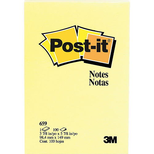Post-it&reg; Notes Original Notepads 4" Flag/Note Width x 6" Flag/Note Length - Rectangle - 100 Sheets per Pad - Unruled - Canary Yellow - Paper - Self-adhesive, Repositionable - 12/Pack - 2 / Bundle (659YWBD)