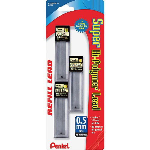 Pentel Super Hi-Polymer Leads 0.5 mm , Fine Point - HB - Graphite Lead - 30/Tube - 36 / Box (C25BPHB3K6BX)