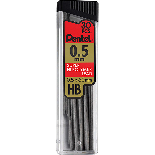 Pentel Super Hi-Polymer Leads 0.5 mm , Fine Point - HB - Black Lead - 30/Tube - 12 / Box (C25HBBX)
