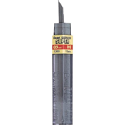 Pentel Super Hi-Polymer Leads 0.5 mm , Fine Point - H - Black Lead - 12/Tube - 12 / Box (C505HBX)