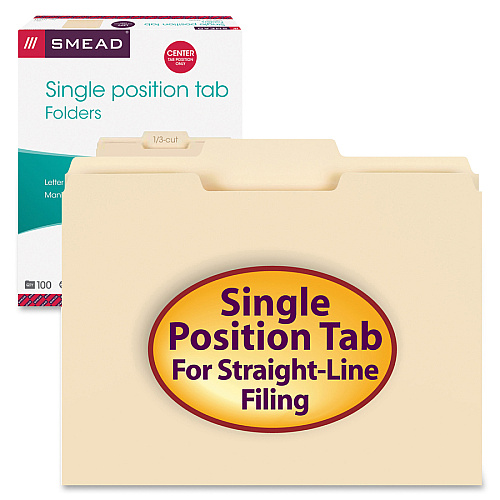 Smead 1/3 Tab Cut Letter Recycled Top Tab File Folder 8 1/2" x 11" - 3/4" Expansion - Top Tab Location - Center Tab Position - 11 pt. - 1 Plys - Manila - Sturdy - 10% Recycled - 100/Box - 5 / Carton (10332CT)