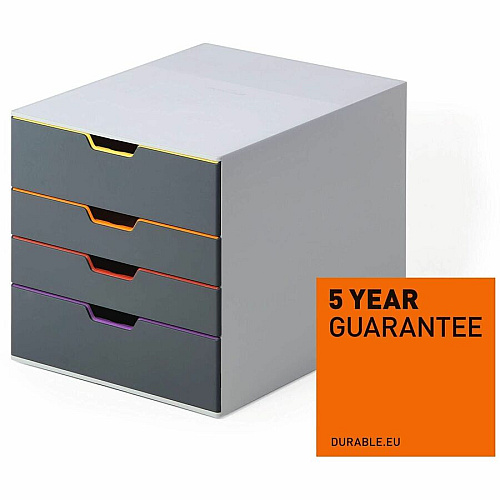 DURABLE VARICOLOR 4 4 Drawer(s) - 11" Height x 11.50" Width x 14" Depth - Desktop - See-through Window, Non-skid Feet, Stackable - Gray - Plastic - 1 Each (760427)