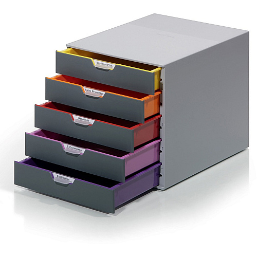 DURABLE&reg; VARICOLOR&reg; Desktop 5 Drawer Organizer 5 Drawer(s) - 11" Height x 11.50" Width x 14" Depth - Label Holder, Stackable, Non-slip Feet - Gray - Acrylonitrile Butadiene Styrene (ABS) - 1 Each (760527)
