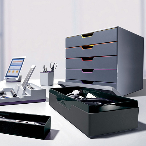 DURABLE&reg; VARICOLOR&reg; Desktop 5 Drawer Organizer 5 Drawer(s) - 11" Height x 11.50" Width x 14" Depth - Label Holder, Stackable, Non-slip Feet - Gray - Acrylonitrile Butadiene Styrene (ABS) - 1 Each (760527)