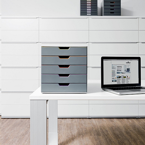DURABLE&reg; VARICOLOR&reg; Desktop 5 Drawer Organizer 5 Drawer(s) - 11" Height x 11.50" Width x 14" Depth - Label Holder, Stackable, Non-slip Feet - Gray - Acrylonitrile Butadiene Styrene (ABS) - 1 Each (760527)