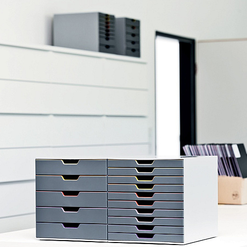 DURABLE&reg; VARICOLOR&reg; Desktop 5 Drawer Organizer 5 Drawer(s) - 11" Height x 11.50" Width x 14" Depth - Label Holder, Stackable, Non-slip Feet - Gray - Acrylonitrile Butadiene Styrene (ABS) - 1 Each (760527)