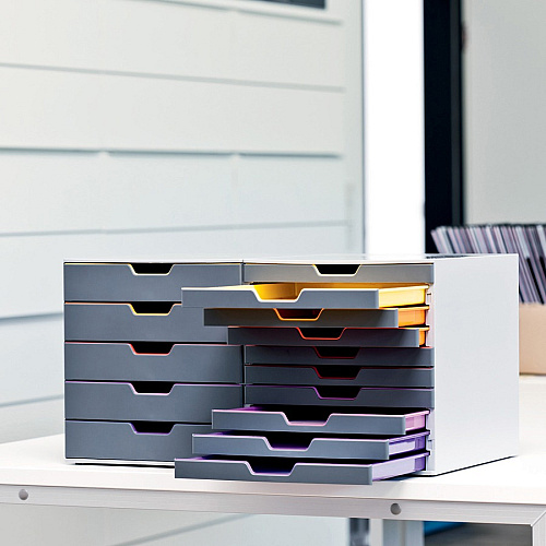 DURABLE&reg; VARICOLOR&reg; Desktop 5 Drawer Organizer 5 Drawer(s) - 11" Height x 11.50" Width x 14" Depth - Label Holder, Stackable, Non-slip Feet - Gray - Acrylonitrile Butadiene Styrene (ABS) - 1 Each (760527)