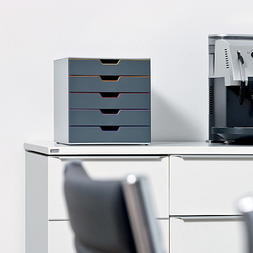 DURABLE&reg; VARICOLOR&reg; Desktop 5 Drawer Organizer 5 Drawer(s) - 11" Height x 11.50" Width x 14" Depth - Label Holder, Stackable, Non-slip Feet - Gray - Acrylonitrile Butadiene Styrene (ABS) - 1 Each (760527)