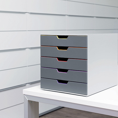 DURABLE&reg; VARICOLOR&reg; Desktop 5 Drawer Organizer 5 Drawer(s) - 11" Height x 11.50" Width x 14" Depth - Label Holder, Stackable, Non-slip Feet - Gray - Acrylonitrile Butadiene Styrene (ABS) - 1 Each (760527)