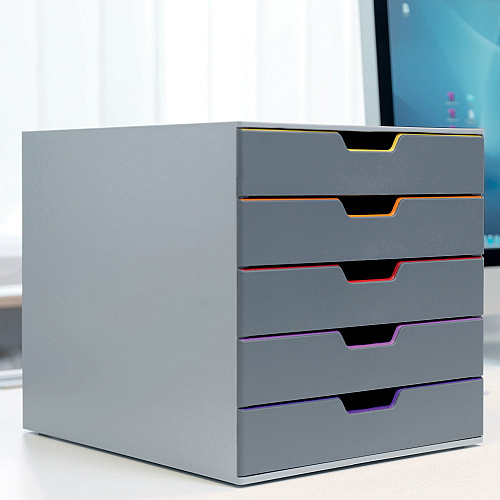 DURABLE&reg; VARICOLOR&reg; Desktop 5 Drawer Organizer 5 Drawer(s) - 11" Height x 11.50" Width x 14" Depth - Label Holder, Stackable, Non-slip Feet - Gray - Acrylonitrile Butadiene Styrene (ABS) - 1 Each (760527)