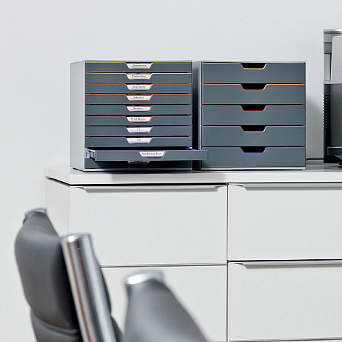 DURABLE&reg; VARICOLOR&reg; Desktop 10 Drawer Organizer 10 Drawer(s) - 11" Height x 11.50" Width x 14" Depth - Labeling Area, Stackable, Non-skid Feet - Gray - Plastic - 1 Each (761027)