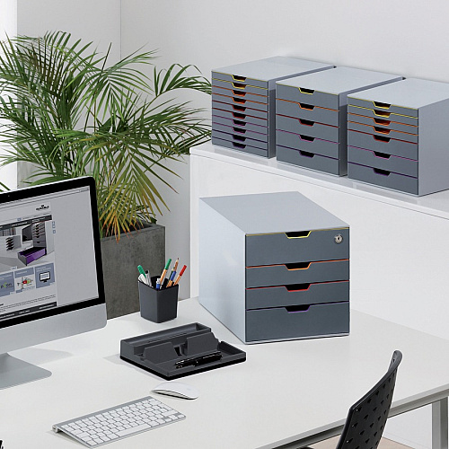 DURABLE&reg; VARICOLOR&reg; Desktop 10 Drawer Organizer 10 Drawer(s) - 11" Height x 11.50" Width x 14" Depth - Labeling Area, Stackable, Non-skid Feet - Gray - Plastic - 1 Each (761027)