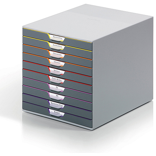 DURABLE&reg; VARICOLOR&reg; Desktop 10 Drawer Organizer 10 Drawer(s) - 11" Height x 11.50" Width x 14" Depth - Labeling Area, Stackable, Non-skid Feet - Gray - Plastic - 1 Each (761027)