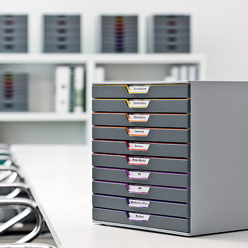 DURABLE&reg; VARICOLOR&reg; Desktop 10 Drawer Organizer 10 Drawer(s) - 11" Height x 11.50" Width x 14" Depth - Labeling Area, Stackable, Non-skid Feet - Gray - Plastic - 1 Each (761027)
