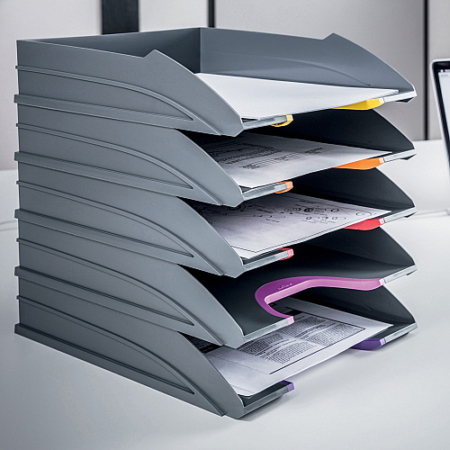 DURABLE&reg; VARICOLOR&reg; Stackable 5 Letter Trays Desktop - Stackable, Front Cut-out - Gray - Plastic - 5 / Pack (770557)