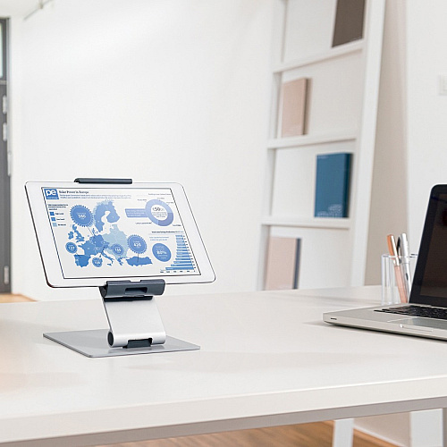 DURABLE&reg; TABLET HOLDER Desk Stand 9.5" Height x 6.1" Width x 7.2" Depth - Steel, Aluminum, Acrylonitrile Butadiene Styrene (ABS) - Silver - 1 Each (893023)