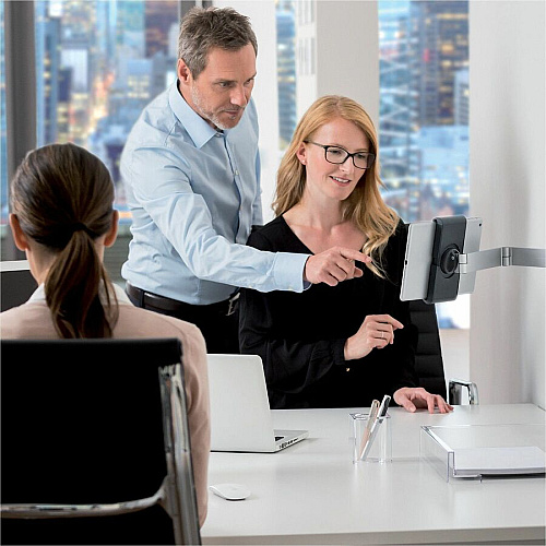 DURABLE Tablet Holder Wall Arm 8.9" Height x 3.7" Width x 6.7" Depth - Steel, Acrylonitrile Butadiene Styrene (ABS), Aluminum - Silver - 180&deg; Swivel, Pivot, Adjustable Clamp, Locking Mechanism, 360&deg; Rotation, Flexible Arm, Tilt, Cable Man (893423)